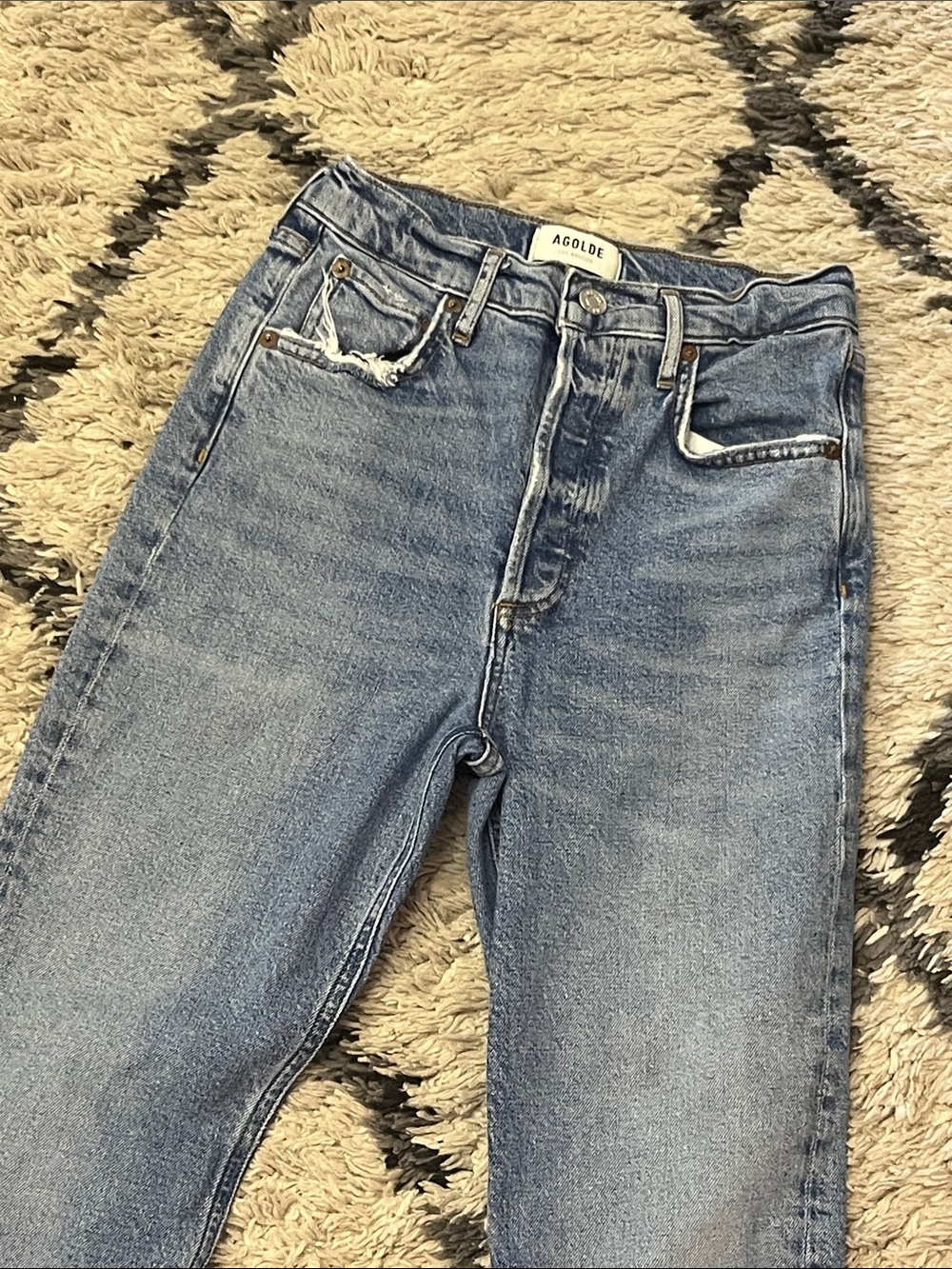 AGOLDE Riley Long High Rise Straight Jeans Size 24 Raw Hem Blue Denim - Picture 4 of 8